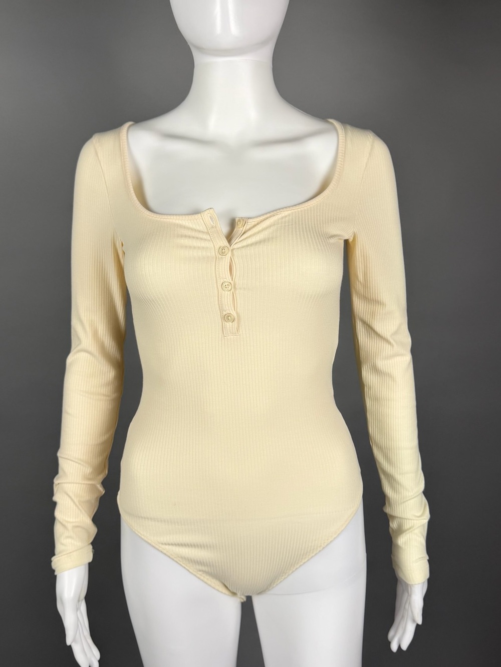 American Eagle Outfitters Ribbed Henley Scoop-Neck Bodysuit - Cream
